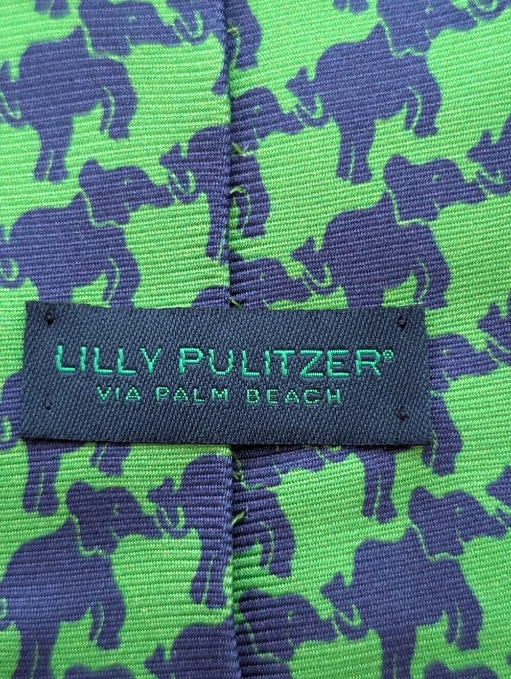 Lilly Pulitzer USA Via Palm Beach Silk Neck Tie Green And Navy Elephant Print